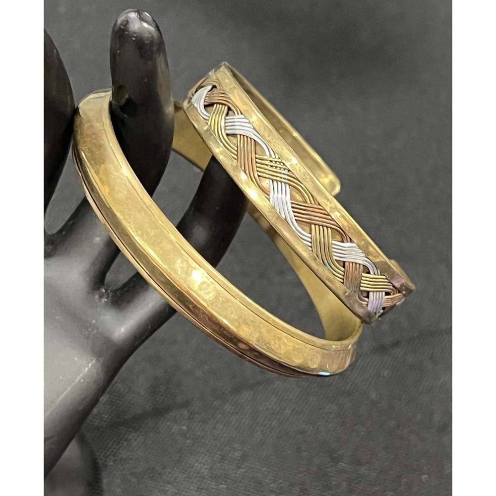 Brass Mixed Metal Bangle Bracelet Set of 2 Tribal Ethnic Boho Stacking